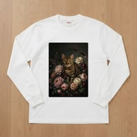猫（ベンガル）長袖Tシャツ 花の油絵風アート ホワイト 男女兼用