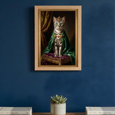 猫（エジプシャンマウ）のルネサンス風肖像画 油絵風アートA4額装インテリア壁掛け