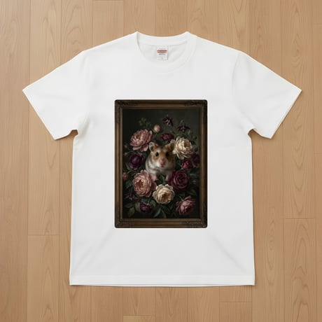 ロボロフスキーハムスター半袖Tシャツ 花の油絵風アート ホワイト 男女兼用