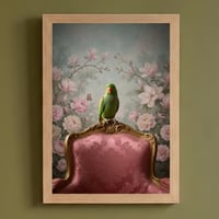 インコ（オオハナインコ）のロココ調シャビーピンクアート A4額装インテリア壁掛け