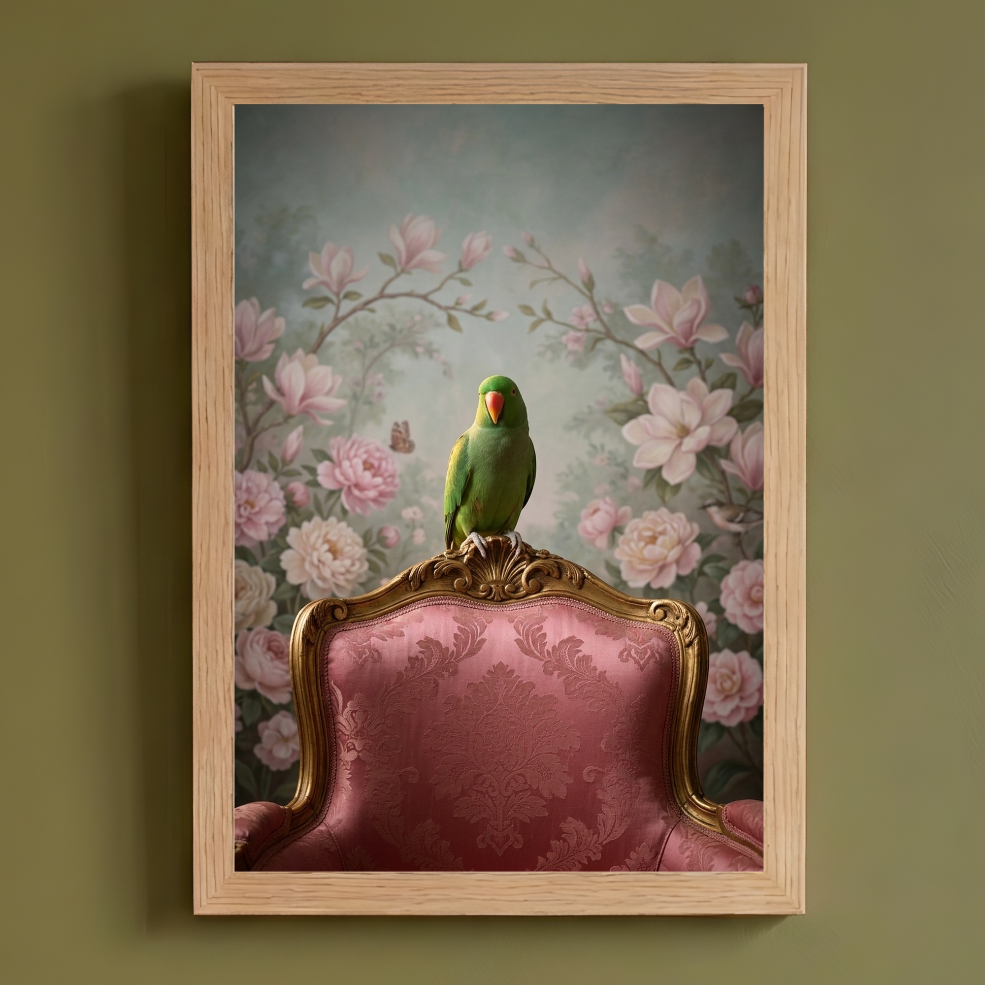 インコ（オオハナインコ）のロココ調シャビーピンクアート A4額装