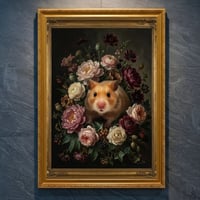 ハムスター（ゴールデンハムスター）の花の油絵風アート A4金縁額装