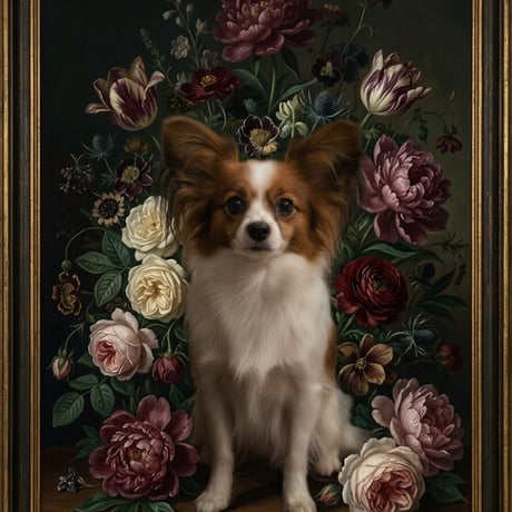 犬（パピヨン）の花に囲まれた油絵風アート A4額装インテリア壁掛け