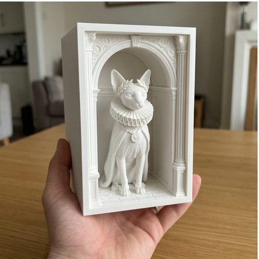 猫（スフィンクス）の3Dプリント ブックヌーク 白PLA 本棚インテリア