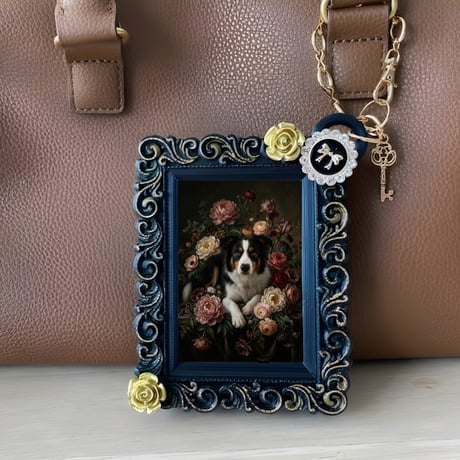 犬（ボーダーコリー）バッグチャーム 花の油絵風アート ブラック額縁
