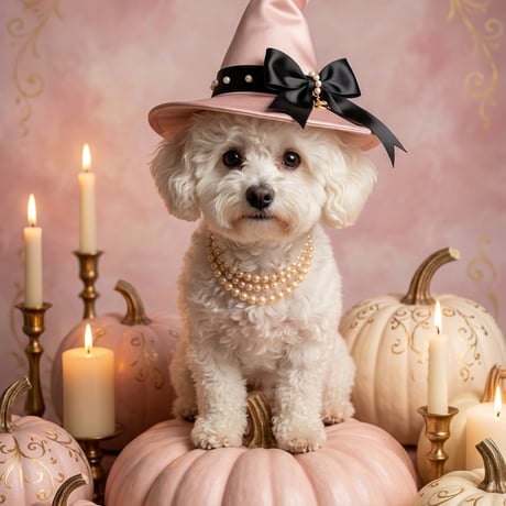 犬（ビションフリーゼ）のハロウィン限定アート A4金縁額装インテリア壁掛け