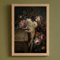 イグアナ（サバクイグアナ）の花に囲まれた油絵風アート A4額装インテリア壁掛け