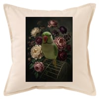 インコ（インドオオハナインコ）クッション 45cm 花の油絵風カラーアート
