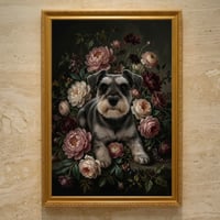 犬（ミニチュアシュナウザー）の花に囲まれた油絵風アート A3額装インテリア壁掛け