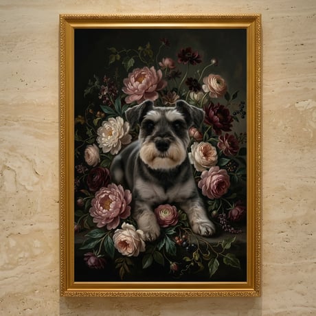 犬（ミニチュアシュナウザー）の花に囲まれた油絵風アート A3額装インテリア壁掛け