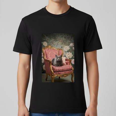ブリティッシュショートヘア半袖Tシャツ ロココ調アート ブラック 男女兼用
