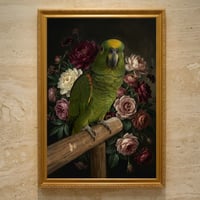 インコ（キエリボウシインコ）の花に囲まれた油絵風アート A3額装インテリア壁掛け