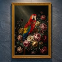 インコ（コンゴウインコ）の花に囲まれた油絵風アート A4金縁額装インテリア壁掛け