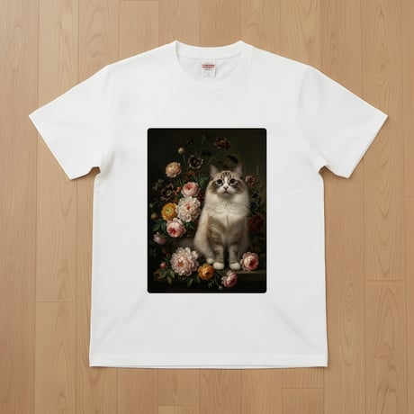 猫（ラグドール）半袖Tシャツ 花の油絵風アート ホワイト 男女兼用