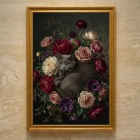 猫（ブリティッシュショートヘア）の花の油絵風アート A3額装インテリア壁掛け