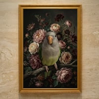 インコ（オキナインコ）の花に囲まれた油絵風アート A3額装インテリア壁掛け