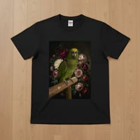 インコ（キエリボウシインコ）半袖Tシャツ 花の油絵風アート ブラック 男女兼用