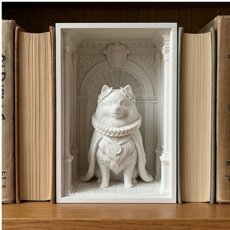 犬（ポメラニアン）の3Dプリント ブックヌーク 白PLA 本棚インテリア