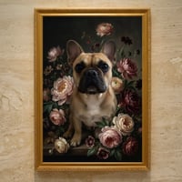犬（フレンチブルドッグ）の花に囲まれた油絵風アート A3額装インテリア壁掛け