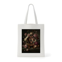 犬（ミニチュアダックスフンド）トートバッグ 花の油絵風アート キャンバス地