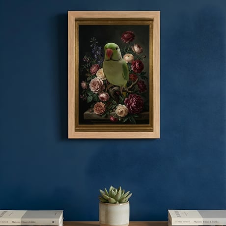 インコ（インドオオハナインコ）の花の油絵風アート A4額装インテリア壁掛け