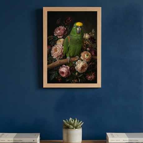 インコ（キエリボウシインコ）の花に囲まれた油絵風アート A4額装インテリア壁掛け
