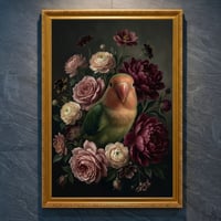 インコ（コザクラインコ）の花に囲まれた油絵風アート A4金縁額装インテリア壁掛け