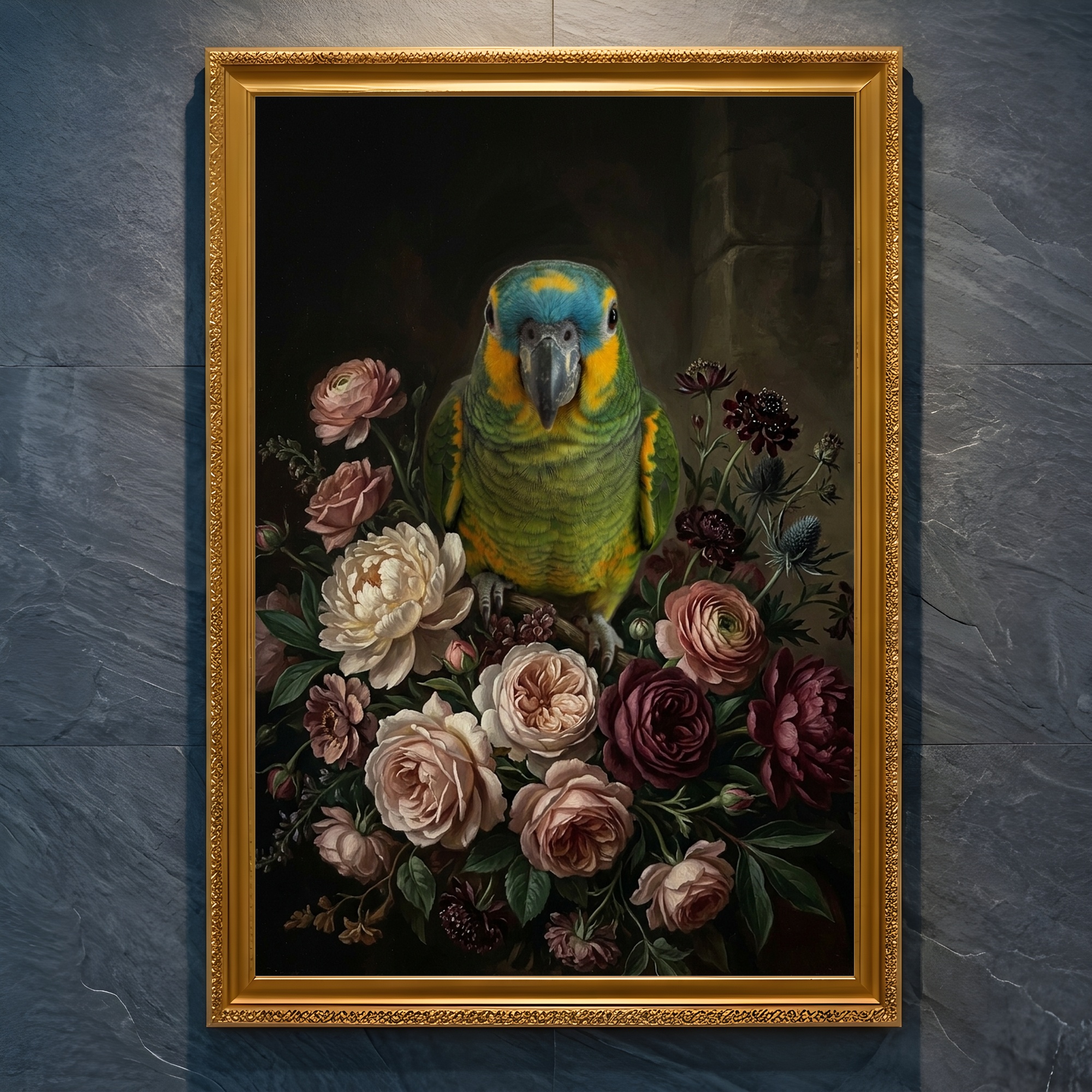 インコ（アオボウシインコ）の花の油絵風アート A4金縁額装インテリア
