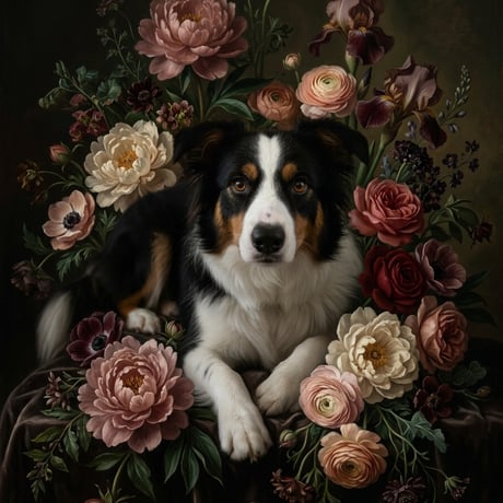犬（ボーダーコリー）の花に囲まれた油絵風アート A4額装インテリア壁掛け