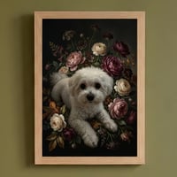 犬（ビションフリーゼ）の花に囲まれた油絵風アート A4額装インテリア壁掛け