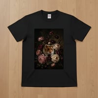 キャンベルハムスター半袖Tシャツ 花の油絵風アート ブラック 男女兼用