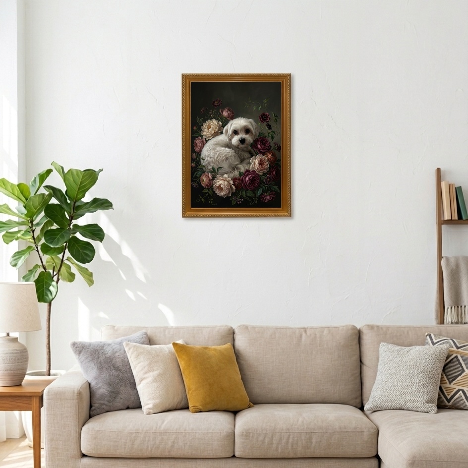 犬（マルチーズ）の花に囲まれた油絵風アート A3額装インテリア壁掛け