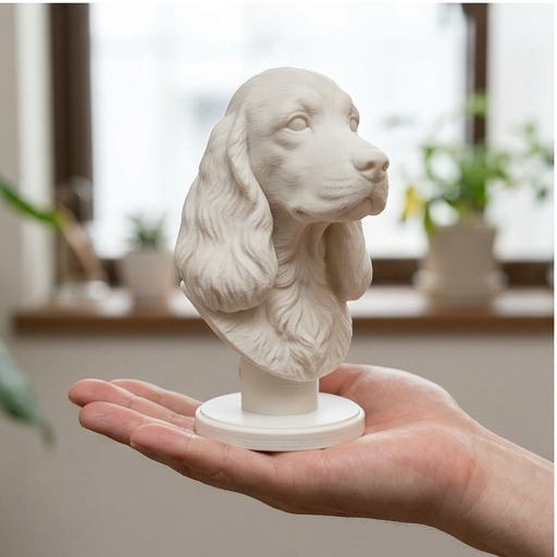 犬（コッカースパニエル）の3Dプリント胸像 白PLA 彫刻 置物