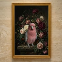 インコ（モモイロインコ）の花に囲まれた油絵風アート A3額装インテリア壁掛け