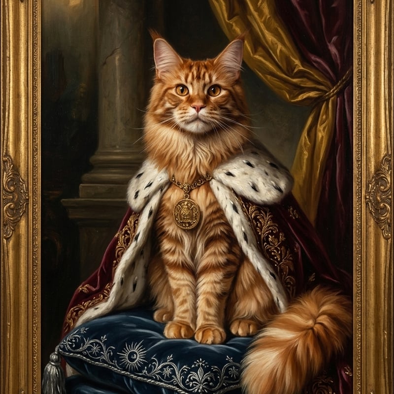 猫（メインクーン）のルネサンス風肖像画 油絵風アートA4額装
