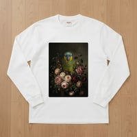 インコ（アオボウシインコ）長袖Tシャツ 花の油絵風アート ホワイト 男女兼用
