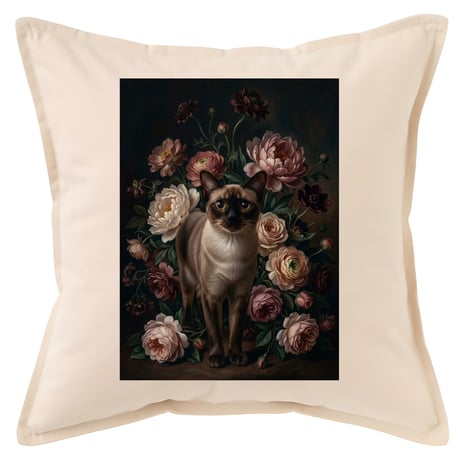猫（バーミーズ）クッション 45cm 花の油絵風カラーアート
