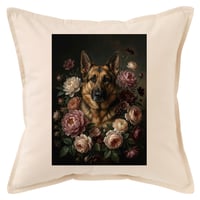 犬（ジャーマンシェパード）クッション 45cm 花の油絵風カラーアート