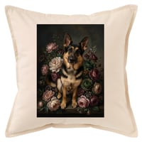 犬（ジャーマンシェパード）クッション 45cm 花の油絵風カラーアート