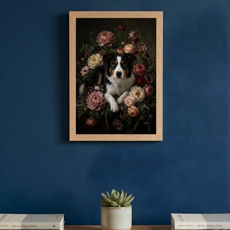犬（ボーダーコリー）の花に囲まれた油絵風アート A4額装インテリア壁掛け