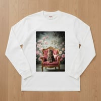 猫（メインクーン）長袖Tシャツ ロココ調シャビーピンク ホワイト 男女兼用