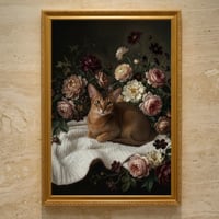 猫（アビシニアン）の花に囲まれた油絵風アート A3額装インテリア壁掛け