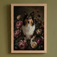 犬（シェットランドシープドッグ）の花の油絵風アート A4額装インテリア壁掛け