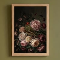アサヒスズメの花に囲まれた油絵風アート A4額装インテリア壁掛け