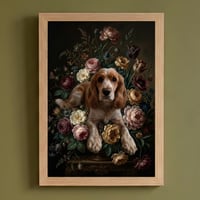 犬（コッカースパニエル）の花に囲まれた油絵風アート A4額装インテリア壁掛け