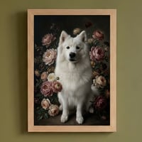 犬（サモエド）の花に囲まれた油絵風アート A4額装インテリア壁掛け