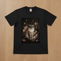 猫（ラグドール）半袖Tシャツ 花の油絵風アート ブラック 男女兼用