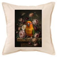 インコ（コガネメキシコインコ）クッション 45cm 花の油絵風カラーアート