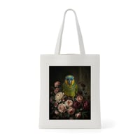 インコ（アオボウシインコ）トートバッグ 花の油絵風アート キャンバス地