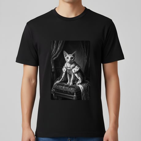 猫（デボンレックス）半袖Tシャツ ルネサンス風モノクロアート ブラック 男女兼用